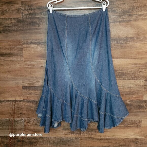 Vtg Live A Little Ruffle Denim Skirt Size 12 Medium Dark Wash 90's Western Boho - Picture 1 of 9